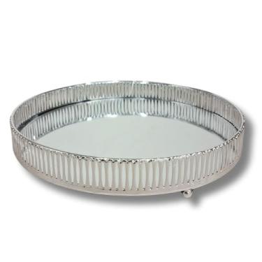 Imagem de Bandeja Decorativa Luxo Espelhada em Metal Redonda Estampa Grelha Banheiro Lavabo Multiuso Casa (Prata)