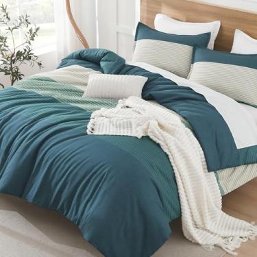 Imagem de Litanika Conjunto de edredom solteiro/solteiro GG azul-petróleo escuro - conjunto de cama leve com 2 peças, listras colorblock fofo, conjunto de cama para todas as estações