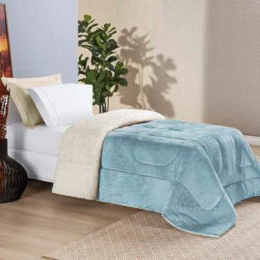 Imagem de Kit Coberdrom + Jogo de Lençol Solteiro 400 fios 3 Peças Edredom Dupla Face Cobertor Pele de Carneiro Macio (Quartzo Azul)