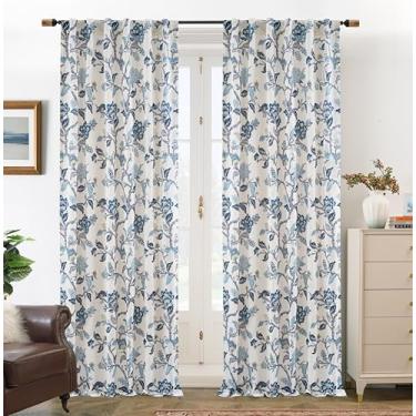 Imagem de DriftAway Cortinas Ada com estampa botânica floral forrada com folhas com isolamento térmico, mistura de linho, 100% blackout, aba traseira, 2 camadas, conjunto de 2 painéis cada, 132 x 236 cm, azul
