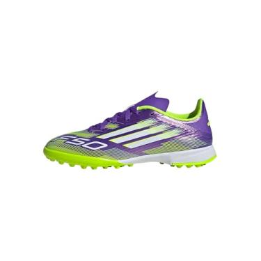 Imagem de adidas Tênis infantil F50 League Turf, Roxo/branco/limão lúcido, 11 Little Kid