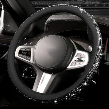 Imagem de Capa de volante de couro diamante brilhante, com strass brilhante de cristal brilhante, ajuste universal, protetor de roda de carro de 35,5 cm 1/5.1-38.1 cm para mulheres, meninas, SUVS, Sedans