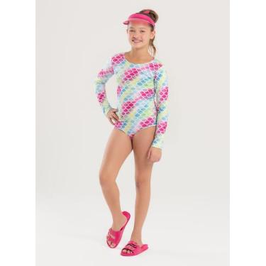 Imagem de Maiô Biquíni Infantil Menina Pink Com Mangas e Amarração nas Costas Se