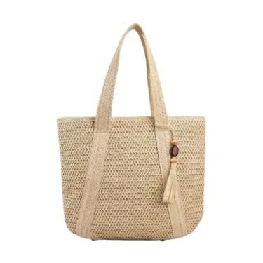 Imagem de Bolsa de Praia Grande em Palha Natural Trançada Design Sacola Grande com Alças (Bege)