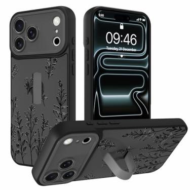 Imagem de AIGOMARA Capa feita para iPhone 17 Pro Max com alça de dedo linda flor preta floral para mulheres meninas TPU macio amortecedor rígido PC traseiro antiqueda à prova de choque capa fina