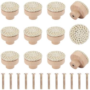 Imagem de GORGECRAFT Puxadores de cômoda de vime, 12 peças, puxadores de madeira natural, feitos à mão, puxadores decorativos redondos com 12 peças de parafusos para móveis domésticos para armário de casa e
