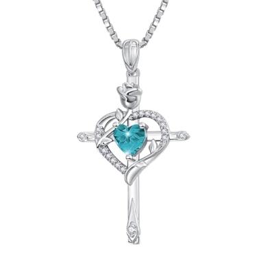 Imagem de CupidGift Colar de cruz para mulheres, banhado a ouro 14 K, banhado a ouro 18K, delicado coração, pedra do mês de nascimento, rosa, joias diárias, batismo, fé, aniversário, Natal, presentes de