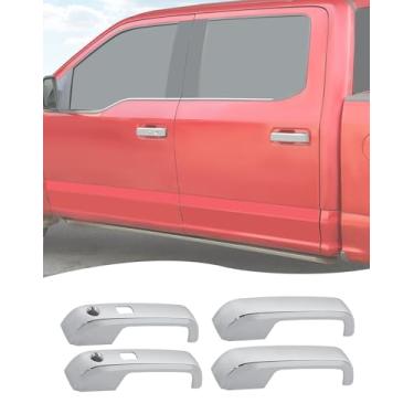 Imagem de Hoolcar 4 peças de capas de maçanetas externas cromadas compatíveis com Ford F150 2015-2020 acessórios externos externos capa protetora de maçaneta de porta (com recorte de chave inteligente)