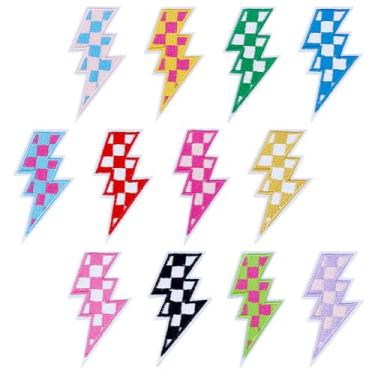 Imagem de DELORIGIN 12 peças de remendos de relâmpago quadriculado com ferro em 12 cores para carro de corrida bordado, remendos costurados para chapéus, roupas, caminhoneiro, jaqueta, jeans, camisa, decoração