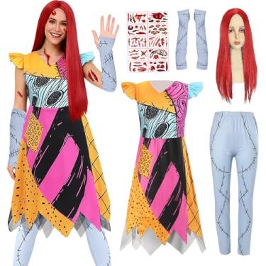 Imagem de Kuberas Fantasia Sally para adultos mulheres Natal Nightmare Sally vestido peruca calça acessórios Halloween cosplay roupa, Conjunto de fantasia de 5 peças, M