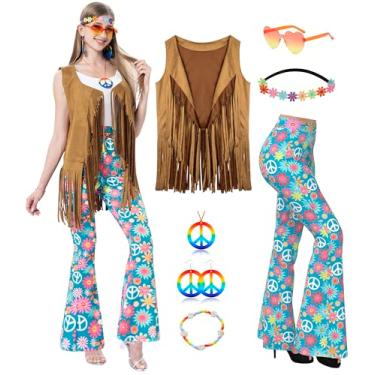 Imagem de MOLLDAN Conjunto de calça rodada retrô hippie para festa de Halloween dos anos 60 e 70 anos 60 anos, Rosa - 01, GG