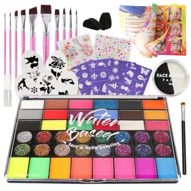Imagem de Pintada Kit De Pintura Facial De 42 Cores Para Crianças; Paleta De Maquiagem Com Tinta Facial Ativada Por Água Não Tóxica Com Conjunto De Pincéis, Estênceis, Gema. Carnaval, Halloween, Maquiagem De