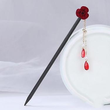 Imagem de Grampo de cabelo vintage com borla de flor de madeira antigo grampo de cabelo fantasia Hanfu chinês acessórios de cabelo grampos de cabelo