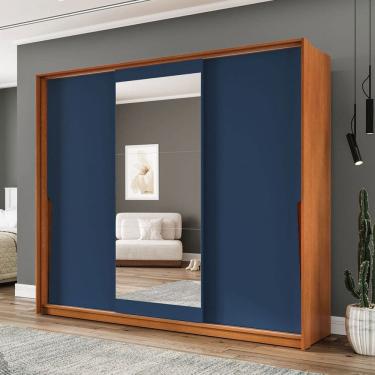 Imagem de Guarda-Roupa Casal Porto 3 Portas 4 Gavetas com Espelho Freijó/Azul - Politorno