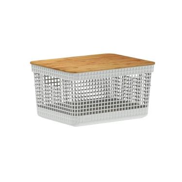 Imagem de Cesto Organizador Grid Com Tampa Bambu Branco 2,5L Ou