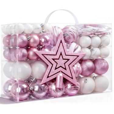 Imagem de Enfeites de bola de Natal de 141 quilates – Decorações de árvore de Natal inquebráveis com 36 ganchos para festas de fim de ano, casamento, decoração de casa, grinalda e guirlanda (rosa e branco)