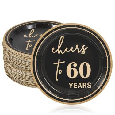 Imagem de Ottin 50 pratos de papel de sobremesa pretos de 17 cm folha dourada "Cheers to 60 Years" – Pratos descartáveis para comemorações de aniversário de 60 anos, festas de aniversário e marcos
