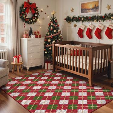 Imagem de Tapete de Natal 10 x 15 cm, lavável na máquina, antiderrapante, tapete baixo para decoração de férias, tapetes geométricos para sala de estar, quarto, sala de jantar, estampa de Natal vermelho e verde