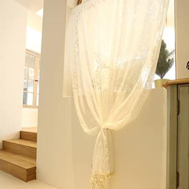 Imagem de Cortina de renda branca sólida para sala de estar, quarto, cortina de flor transparente moderna com borlas, cortinas de painel para café, porta, bistrô, cozinha, com laço de pérola (tamanho: LxA 145 x