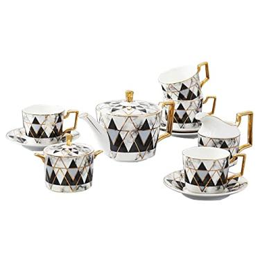 Imagem de Conjunto de chá de porcelana bule de chá com xícaras e pires moderno conjunto de café de cerâmica simples com jarro de leite, açucareiro, colheres combinando