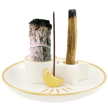 Imagem de Suporte para queimador de incenso 4 em 1 queimador de incenso de cerâmica para queimar incenso de sálvia bandeja decorativa Palo Santo suporte de vela de incenso para meditação e ioga (estilo 2)