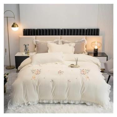 Imagem de Conjunto de cama 100% algodão lavado, flores chiques, bordadas, rosa, branco, borda de babados, fronhas elásticas ajustadas (queen branco)