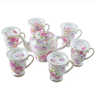 Imagem de Conjunto de chá Bone China Xícaras Rosa Bule de Chá com 6 Chávenas de Chá Canecas de Café de Grande Capacidade para Chá da Tarde e Café, Azul (Azul) (Rosa) (Rosa)