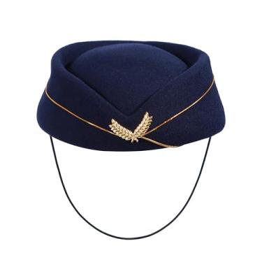 Imagem de WRITWAA Chapéu feminino de aeromoça, chapéu de comissária de bordo de lã, aeromoça, acessório de, cosplay, desempenho musical, tamanho (azul), Azul, 56/58 cm
