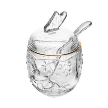 Imagem de Açucareiro de Cristal C/Colher Plástica New Butterfly Transparente C/Fio de Ouro 13x9cm Lyor