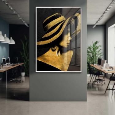 Imagem de Quadro Decorativo com Moldura e Acrilico Cristal Vidro Mulher Dourada 