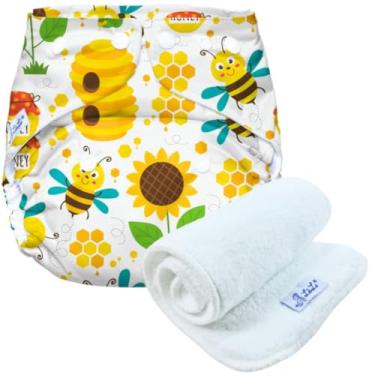 Imagem de Fralda Ecológica com Absorvente Reutilizável para o Dia a Dia e Praia/Piscina, Tamanho Único 5-18kg, Lavável (Abelha Girassol)