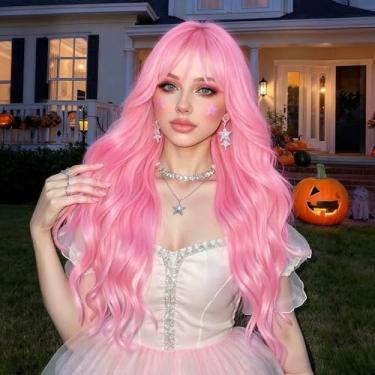 Imagem de Peruca rosa com franja rosa choque para mulheres cabelo sintético resistente ao calor de 26 nch, peruca sintética encaracolada natural para festa cosplay uso diário