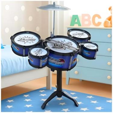 Imagem de Mini Bateria Infantil 5 Tambores com Prato e Baquetas – Brinquedo Musical Educativo Azul ou Vermelho – Instrumento para Crianças 3+ Anos, Desenvolve Coordenação Motora Criatividade