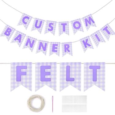 Imagem de Kit de banner personalizado, 28 faixas de serapilheira de guingão roxo impressas com 92 letras de feltro, faça seu próprio kit personalizável DIY para decorações de festa de casamento de aniversário