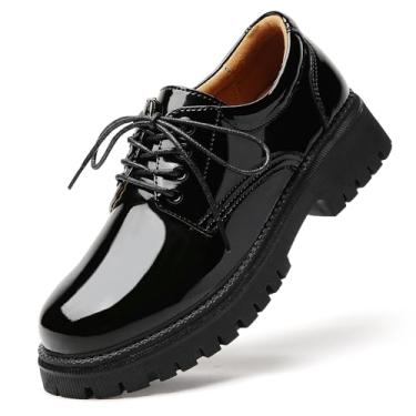 Imagem de IUY Sapatos Oxford femininos pretos Oxford plataforma de couro envernizado Oxfords confortável elegante sem cadarço grosso casual trabalho negócios escritório brilhante oxfords sapatos, Preto 2, 36