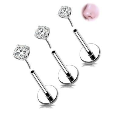 Imagem de Melighting Conjunto de piercings de nariz 18 g/20 g, aço cirúrgico 316L, anéis de nariz sem rosca, 2/2,5/3 mm CZ Top Labret sem rosca lábio hélice cartilagem tragus concha pacote de brincos para