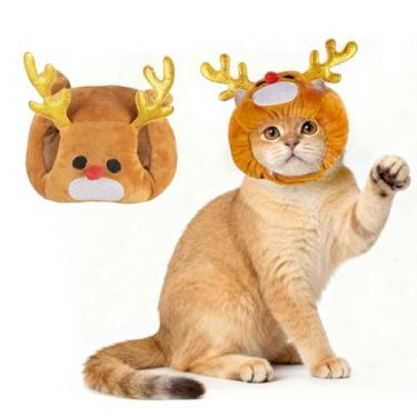 Imagem de LANGFON Chapéu de rena de Natal para gato, faixa de cabeça, chapéu de gato de Natal com chifres para cosplay de Natal, fantasia de gatinho, acessórios de festa, cosplay, roupas para animais de