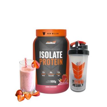 Imagem de Kit Whey Isolate Zero Lactose 900g pote + Coqueteleira 600ml transparente New Millen (900, Morango)