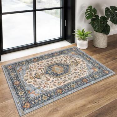 Imagem de KUTA Tapetes vintage para entrada interior azul marfim lavável tapete 5 x 7 cm antiderrapante macio estampado floral medalhão capacho pequeno acento casa de fazenda cozinha tapete para entrada e