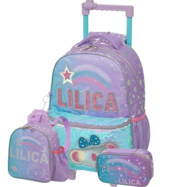 Imagem de Kit Mochila Roda Lilica Ripilica Lantejoula Lancheira Estojo