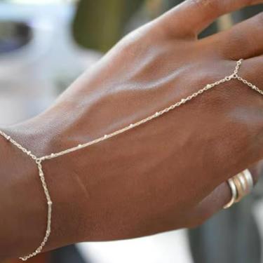 Imagem de 1/2 peças de corrente de mão moderna anel banhado a ouro correntes de elos feitos à mão pulseiras de conexão joias de mão para mulheres, Size2, Zinco, Sem Pedra Preciosa