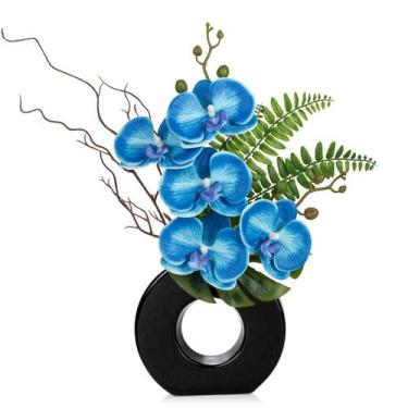 Imagem de Flores artificiais de seda de orquídea azul brilhante com vaso preto d