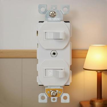 Imagem de Interruptor de aterramento de 15A 120V - polo único duplo, grau residencial, interruptor de parede elétrico liga/desliga, branco brilhante listado pela UL