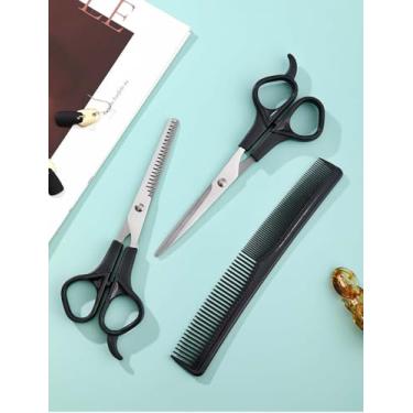Imagem de Kit de corte de cabelo de 3 peças – tesouras afiadas, tesouras de desbaste e pente de dentes finos para cortes de cabelo de qualidade de salão em casa (dentes de franja, tesouras planas e pentes