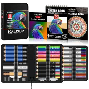 Imagem de KALOUR PDAS Kit de desenho 112, materiais de arte profissional com caderno de desenho de 3 cores e livro de colorir, néon, colorido, aquarela, metálico, grafite, lápis de carvão, presente para