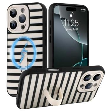 Imagem de SOKAD Capa com listras magnéticas para iPhone 16 Pro com suporte de alça de dedo, compatível com Magsafe, linda listrada vertical projetada para mulheres e homens, capa de proteção completa para