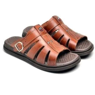 Imagem de Sandália Masculina em Couro Legítimo, Ortopédica, Confortável, Anti Stress, Estilo Franciscana, Uso Diário (Marrom, BR, Adulto, Numérico, 44)