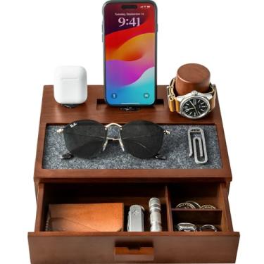 Imagem de Holme & Hadfield Estação de ancoragem de telefone de madeira premium com gaveta – Organizador de mesa de cabeceira para carregar telefone e fones de ouvido – Organize seu espaço com proteção forrada