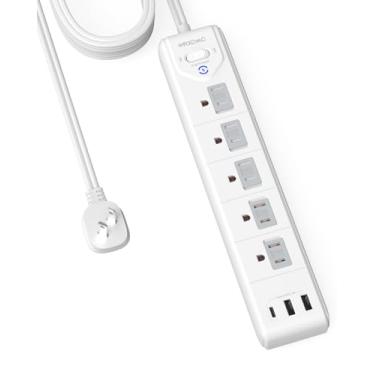 Imagem de Adaptador de tomada de 2 pinos para 3 pinos, WRXDMC 2 pinos de extensão, cabo de extensão de 3 metros com plugue polarizado, protetor de sobretensão 1680J, 5 tomadas CA e 3 USB, montagem na parede, ideal para tomadas não aterradas