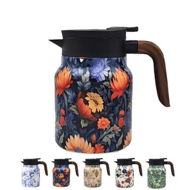 Imagem de Garrafa térmica de chá com padrão floral vintage, 1 litro - Chaleira para garrafa térmica de aço inoxidável quente e frio, bule de chá vintage com infusor, adequado para uso em festa/família (flores